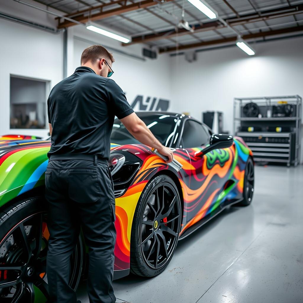 Installer applying vinyl wrap to a car in a professional wrap shop